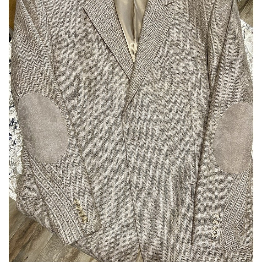 Andrew Fezza 46L Wool Silk Elbow Patch Blazer Brown Herringbone Jacket